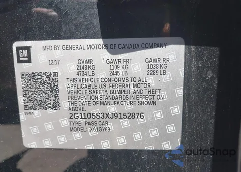 2018 Chevrolet Impala 1Lt из США, поврежденный, VIN 2G1105S3XJ9152876